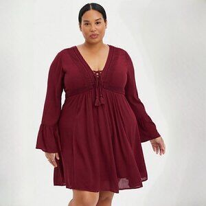 Torrid Dress Size 1/14-16 Women's Mini Gauze Lace Up Skater Maroon Long Sleeve